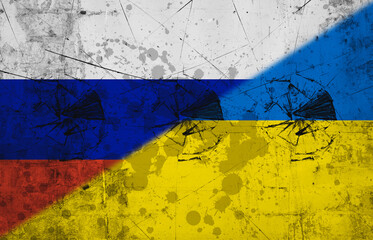 Composite image of flag of russia and ukraine painted on damaged wall, copy space