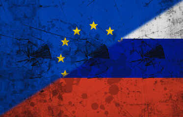 Samengestelde afbeelding van de vlag van Europa en Rusland geschilderd op beschadigde muur, kopieer ruimte