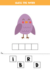 Spelling game for kids. Cute cartoon bird.