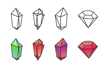Crystal gem icon set. Diamond gemstone, vector  precious stones symbol collection.