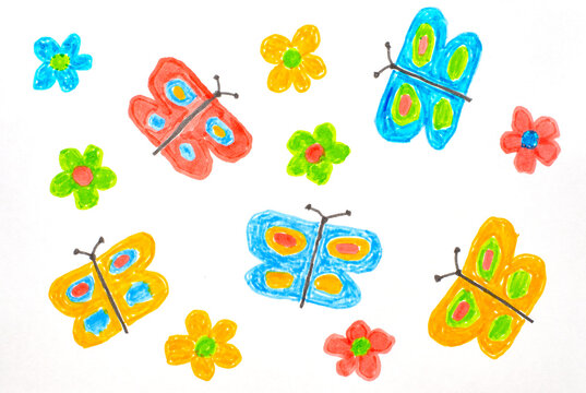 Lots of colored butterflies and flowers on a white background. Children's drawing with felt-tip pens.