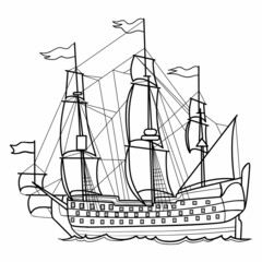sketch, big vintage ship with sails, cartoon illustration, isolated object on white background, vector,