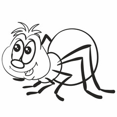 sketch, cute spider character with big eyes, coloring book, cartoon illustration, isolated object on white background, vector,