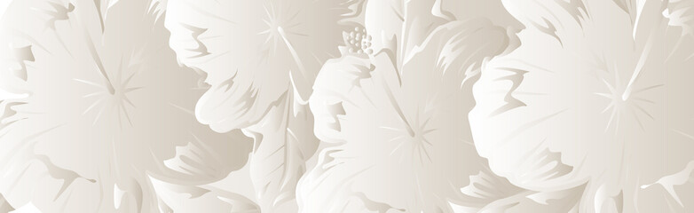 Hawaiian vector floral pattern. Hibiscus flowers seamless template. Grayscale gradient. White banner, invitation, wedding, textile. © Pamela Ranya