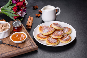 Cottage cheese pancakes with oats, syrniki on a black rustic background