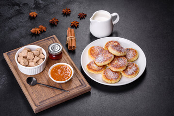 Cottage cheese pancakes with oats, syrniki on a black rustic background