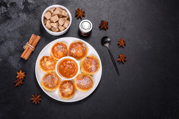 Cottage cheese pancakes with oats, syrniki on a black rustic background