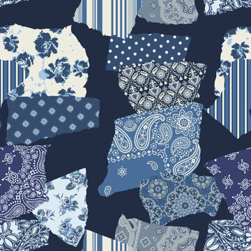 Paisley floral arabesque dots and stripped fabric patchwork abstract vintage vector seamless pattern