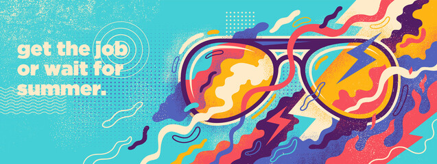 Abstract summer banner design with sunglasses and colorful splashing shapes. Vector illustration. - obrazy, fototapety, plakaty