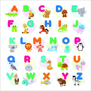 Vector illustration of cute zoo alphabet with cartoon animals isolated on white background.