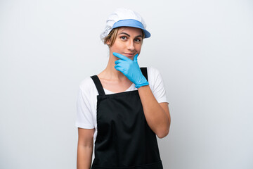 Fishwife woman isolated on white background thinking