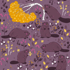 Seamless pattern with cute beavers. Vector graphics. © Екатерина Зирина