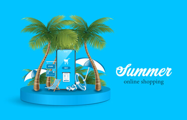 Receipt flows from the smartphone screen after pressing the online purchase button and there are coconut trees all around All were placed on a round podium,vector 3d for online shopping summer concept