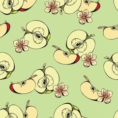 cute botanical pattern with apples in pastel woodcut style.For wallpaper,textile,paper,postcards,creativity,advertising.