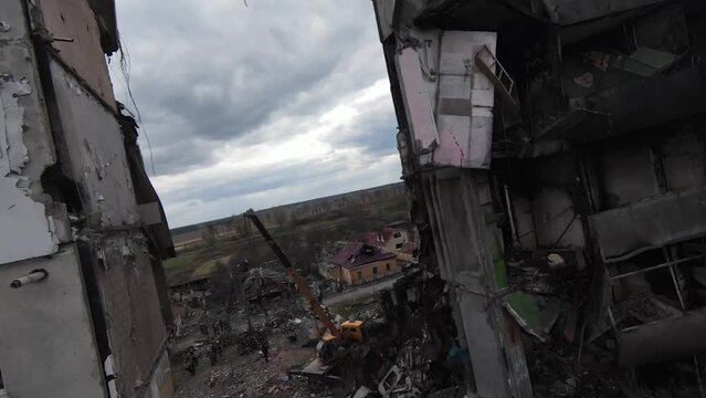 Borodyanka, Kyiv Region, Ukraine, April 2022: Destroyed by russian army residential building in Borodyanka, Kyiv Region. Shoot on FPV drone