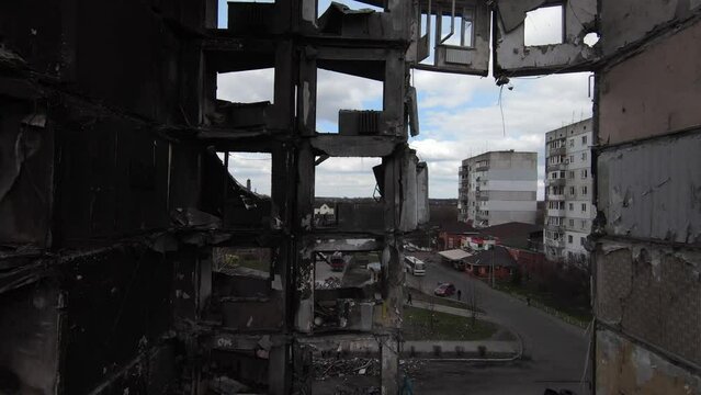 Borodyanka, Kyiv Region, Ukraine, April 2022: Destroyed by russian army residential building in Borodyanka, Kyiv Region. Shoot on FPV drone