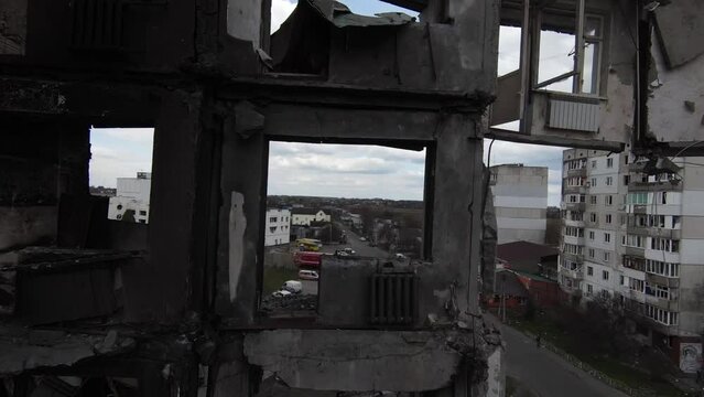Borodyanka, Kyiv Region, Ukraine, April 2022: Destroyed by russian army residential building in Borodyanka, Kyiv Region. Shoot on FPV drone