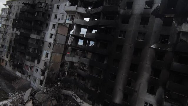 Borodyanka, Kyiv Region, Ukraine, April 2022: Destroyed by russian army residential building in Borodyanka, Kyiv Region. Shoot on FPV drone