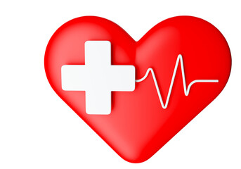 Health and medicine. Concept of health insurance system. Logo for insurance company and hospitals. Medical cross on red heart. Metaphor cardio human health problems. Healthcare logo. 3d rendering.