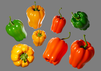 Multicolored bell peppers. Bell peppers different positions set. Bulgarian pepper on gray. Healthy food concept. Fresh vegetables visualization. Detailed harvest of vegetables. 3d rendering.