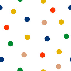 Simple  seamless pattern with multicolor dots on white background in minimalistic style. Cute background for for dresses,fabric, textile.