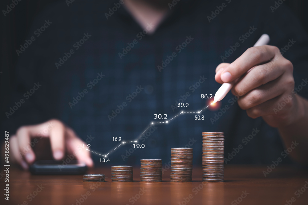Poster trader writing increasing graph on coins stacking for investment profit growth and saving concept.