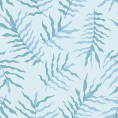 Seamless pattern with floral ornament. Raster illustration. Watercolor stylization. Leaves on a blue background.