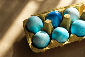 Easter concept. Egg box with blue coloured Easter eggs.