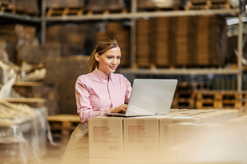 A warehouse worker controlling shipment on laptop.