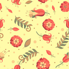 Seamless pattern. Pink flowers on a yellow background. Background with floral ornament. Raster illustration for fashion design, packaging, wrapping or scrapbooking. Printing on paper or fabric.