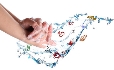 Female hands, splash of water and germs on white background. Concept of washing hands