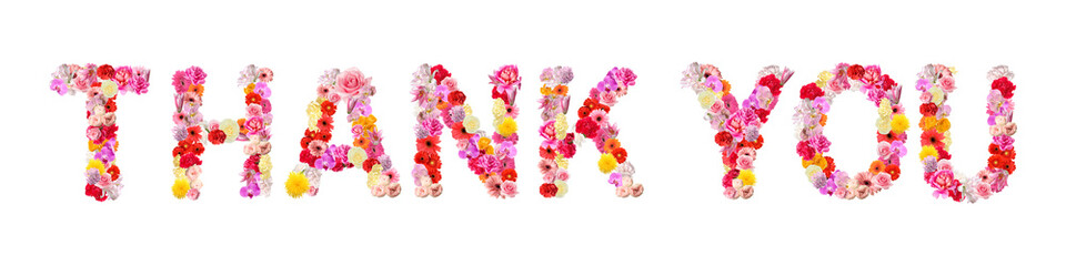 Text THANK YOU made of flowers on white background