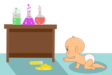 Little boy and bottles of dangerous chemical