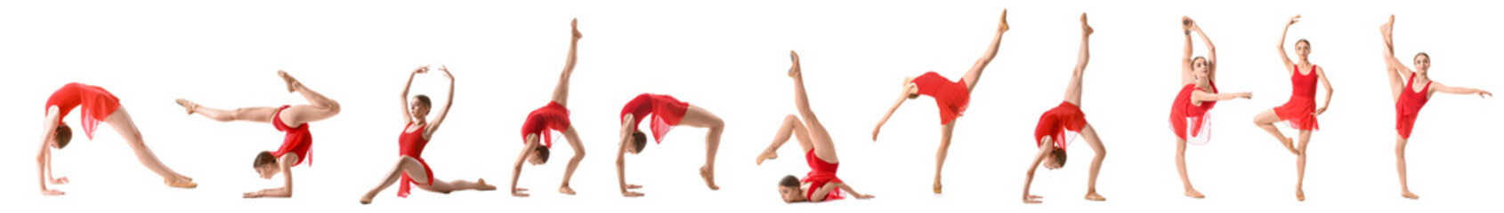 Set of beautiful young woman doing gymnastics on white background