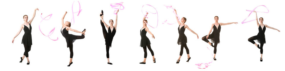 Set of beautiful young woman doing gymnastics with ribbon on white background