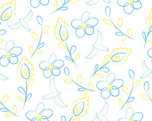 Pattern with blue-yelllow drowe flowers