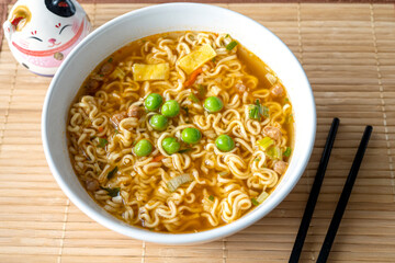 Close-up of bowl with Instant noodle traditional asian food Ramen soup