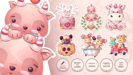 Seamless pattern - cat, kitty, diplomat, devil, unicorn, pug, sticker, bull, bath, bathroom, giraffe, car