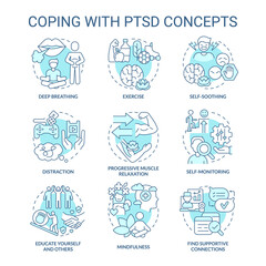 Coping with PTSD turquoise concept icons set. Mental health. Psychotherapy service idea thin line color illustrations. Isolated symbols. Editable stroke. Roboto-Medium, Myriad Pro-Bold fonts used