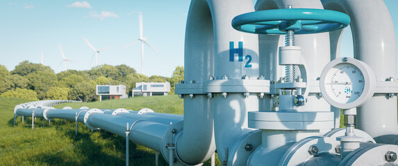 A hydrogen pipeline to houses illustrating the transformation of the energy sector towards clean, carbon-neutral, safe and independent energy sources to replace natural gas in homes. - obrazy, fototapety, plakaty