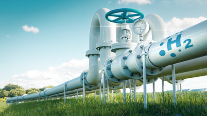 A hydrogen pipeline illustrating the transformation of the energy sector towards to ecology, carbon neutral, secure and independent energy sources to replace natural gas. 3d rendering - obrazy, fototapety, plakaty