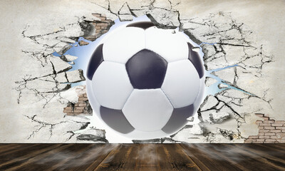 A soccer ball breaks through the wall with great force. 3d image.
