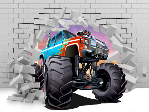 3d Image. The Car Punches A Hole In A Brick Wall. 3D Illustration Of A Jeep. Designer Wallpaper. 3d Wallpaper.