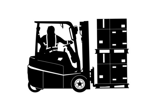 Silhouette Of Forklift With Driver Traveling In Reverse. Vector.