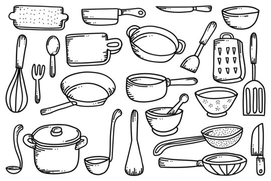 Kitchen Utensils Hand Drawn Doodle Illustration Isolated On White Background