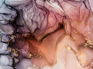 Abstract bright shiny color fluid background, hand drawn alcohol art painting with golden streaks, liquid ink technique texture for backdrop design