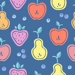 fruit stylized pattern. vector pattern of apples, pears and strawberries.