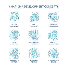 Charisma development turquoise concept icons set. Communication. Self presentation idea thin line color illustrations. Isolated symbols. Editable stroke. Roboto-Medium, Myriad Pro-Bold fonts used