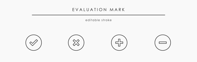 Evaluation marks. Vector tick and cross signs. Minus and plus icon vector. Checkmarks signs