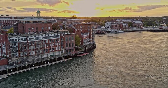 Portsmouth New Hampshire Aerial v15 flyover memorial bridge with sunset in the background, birds eye view overlooking at beautiful downtown cityscape - Shot with Inspire 2, X7 camera - October 2021